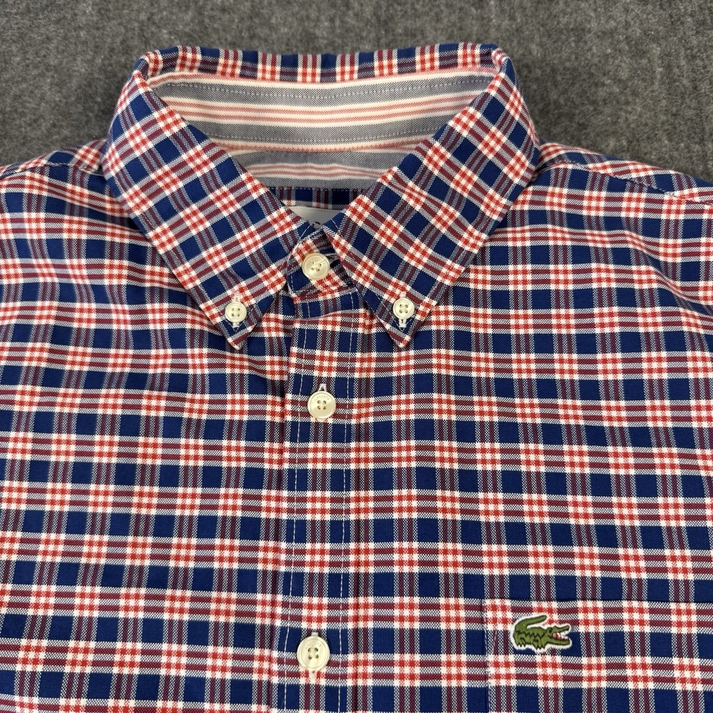 Lacoste Men's Regular Fit Plaid Button Down Shirt Size S Red Blue Short Sleeve